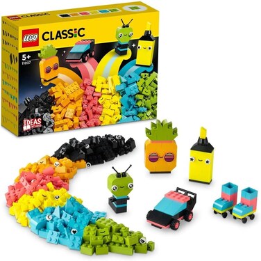 Lego 11027 Classic Creative Neon Fun Brick Box Set, Building Toy with Models; Car, Pineapple, Alien, Roller Skates, Characters and More, For Kids, Boys, Girls 5 Plus Years Old