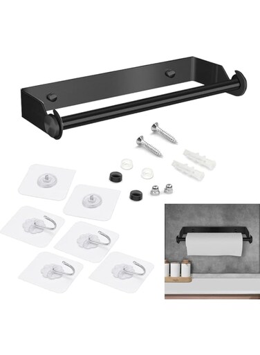 Self-Adhesive Wall-Mounted Paper Towel Holder - Removable Stainless Steel Kitchen &amp; Bathroom Rack, No Drilling Required, Black