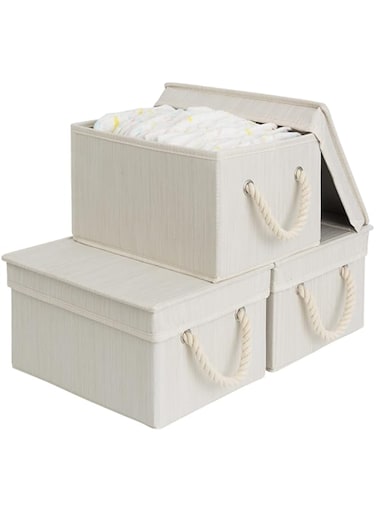 StorageWorks Storage Boxes with Lids, Closet Organizers and Storage Bin with Soft Rope Handles, Mixing of Beige, White &amp; Ivory, Medium, 3-Pack