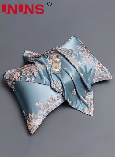 Satin Pillowcases,Satin Pillowcases for Hair and Skin, 2Pcs Large Maple Leaf Floral Print Pillowcases,Silky Floral Print Pillowcases with Envelope Closure,Lake-Blue,48x74cm
