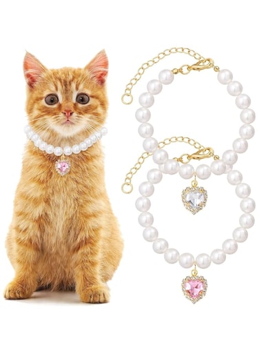 2pcs Cat Dog Pearl Collar, Adjustable Small Cat Collar Pear Dog Necklaces, Cute Fancy Jewelry Accessories with Heart Shape Rhinestone, Wedding Birthday Party for Puppy Pets Small Dogs - White &amp; Pink