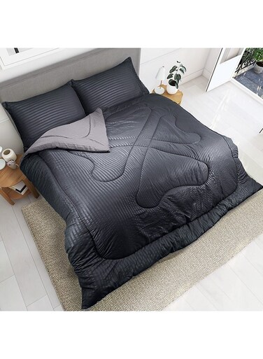 Linen Klub Reversible Down Alternative Comforter Set -Ultra Soft Brushed Stripe Microfiber Fabric, 200GSM Soft Fibersheet Filling, Size :Single 160 x 200cm , Color: Charcoal &amp; Lt. Grey