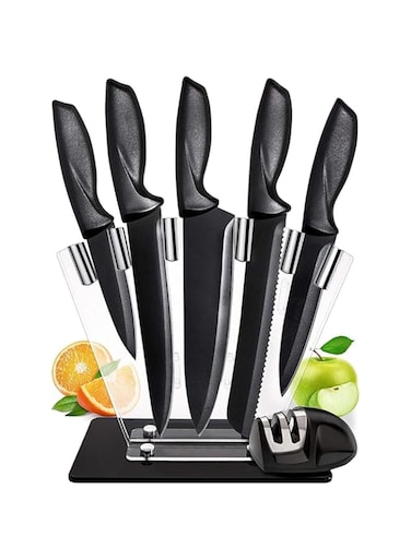 Taizz Ventures 7 Pcs Kitchen Knife Set with Sharpener - High Carbon Stainless Steel Knife Block Set with Ergonomic Handles - (7 Pcs Black)