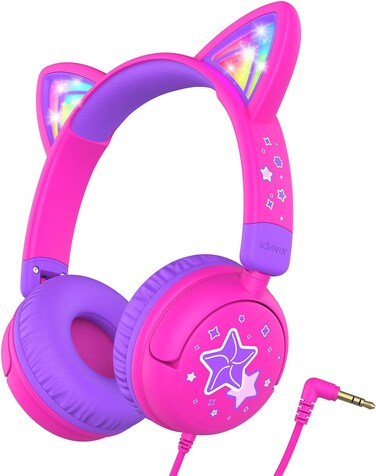 iClever Kids Headphones, LED Light Up Cat Ear, 85dBA Safe Volume, Stereo Sound Toddler Headphones, Foldable 3.5mm Wired Kids Headphone for Tablets School Travel
