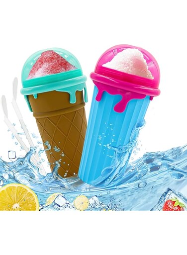 TAPIT Slushie Maker Cup Magic Quick Frozen Smoothies Cup,Portable Silica Freeze Mug Ice Cream Maker with Dome Lids (2pc,500ml blue+coffee)