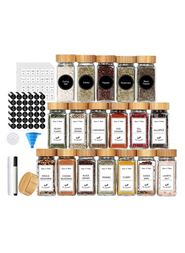 24 Pcs Spice Jars with Labels - 4 oz Glass Spice Jars with Bamboo Lids, 120 Labels Stickers, Shaker Lids, Collapsible Funnel, 2 Pens, Seasoning Storage Bottles for Spice Rack, Cabinet, Drawer