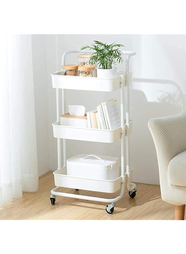 FALAHOM 3-Tier Rolling Utility Cart with Handle, Storage Cart Organizer with Lockable Wheels Makeup Cart Organizer Craft Art Cart Multi-Purpose Trolley Cart for Kitchen, Bathroom, Office (White)