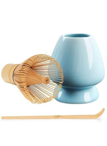 3-Piece Matcha Tea Whisk Set Stirrer Bamboo Spoon with Hook Brush Placeer Traditional Tools Blue
