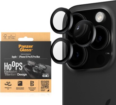 Panzerglass Hoops Camera Lens Protector For Apple iPhone 15 Pro / 15 Pro Max, Shock Resistant, Scratch Resistant, Anti-Fingerprint, Zero Picture Distortion, Easy Install, Black Titanium