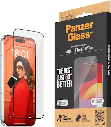 Panzerglass Ultrawide Screen Protector For Apple iPhone 15 Pro 2023 6.1", Edge To Edge Tempered Glass, Drop/Scratch Protection, Anti-Fingerprint, Easy Install, Case Friendly, Clear With Black Frame