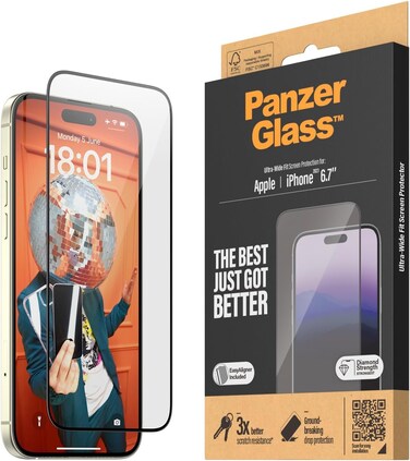 Panzerglass Ultrawide Screen Protector Compatible With iPhone 15 Plus 2023 6.7", Clear With Black Frame