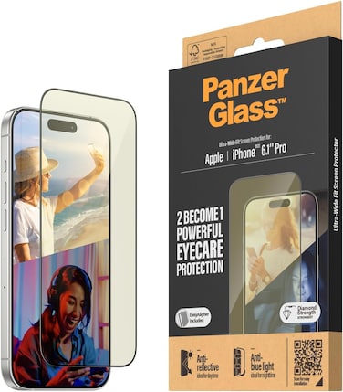 Panzerglass Anti-Bluelight &amp; Anti-Reflective Screen Protector For Apple iPhone 15 Pro 2023 6.1", Edge To Edge Tempered Glass, Eye/Drop/Scratch Protection, Easy Install, With Black Frame