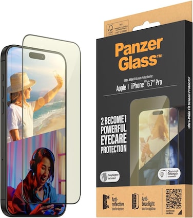 Panzerglass Anti-Bluelight &amp; Anti-Reflective Screen Protector For Apple iPhone 15 Pro Max 2023 6.7", Edge To Edge Tempered Glass, Eye/Drop/Scratch Protection, Easy Install, With Black Frame