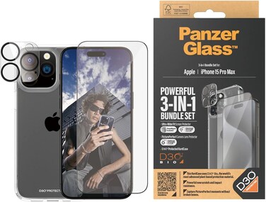Panzerglass Apple iPhone 15 Pro Max 2023 6.7" Ultimate Protection 3-In-1 Bundle, Clearcase With D3O +Uwf Screen Protector + Camera Lens Protector, Full 360 Drop &amp; Scratch Protection, Easy Install