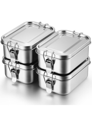 4 PCS Stainless Steel Bento Boxes &acirc;&euro;&ldquo; 550 ML Food Storage Containers with Lockable Leak-Proof Clips &acirc;&euro;&ldquo; Portable Metal Lunch Boxes for School, Work, Picnic &amp; Camping &acirc;&euro;&ldquo; Reusable, Dishwasher Safe Lunch Snack Containers