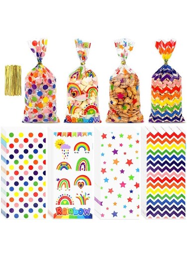 100 PCS Rainbow Candy Bags, Rainbow Cellophane Bags, Plastic Candy Bags, Cellophane Treat Bags, 11 x 5 Goodie Favor Bag, Gift Cookie Snack Packing Party for Party Favors, Summer Camp, Birthday