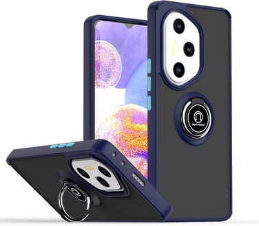 Honor 300 Ultra Case Cover Metal Ring Holder Grip Kickstand Car Magnetic Mount Shockproof Matte Hard Back Bumper Case for Honor 300 Ultra 5G Blue