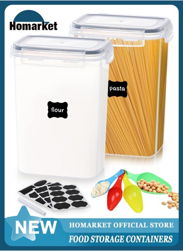 Large Food Storage Containers Set 8.5L, 2 Pieces BPA Free Plastic Airtight Food Storage Canisters for Flour, Sugar, Snack,Kitchen and Pantry Organization with 4 Measuring Spoon,12 Labels and Marker