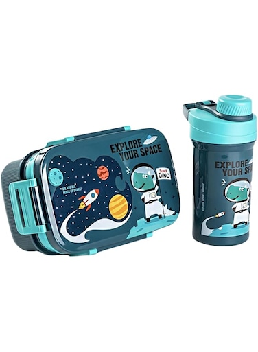 Twisoo Kids Space Lunch Box and Water Bottle Combo Set - 1800ml Leakproof 3-Compartment Lunchbox with Spoon, BPA-Free Food Grade Plastic, 500ml Spillproof Water Bottle for School (Blue)