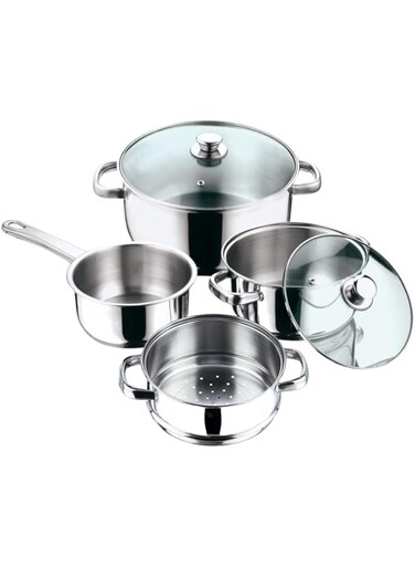 VINOD STAINLESS STEEL 6 PC COOKWARE SET WITH STEAMER, VICS06, SAUCEPAN - 16CM WITHOUT LID   CASSEROLE - 20 &amp; 24CM WITH GLASS LID   STEAMER INSERT - 20CM