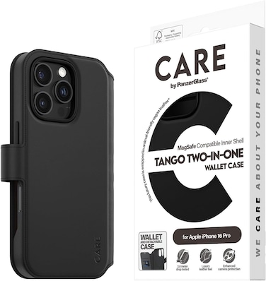Panzerglass Care Leather Tango Case For Apple iPhone 16 Pro 6.3" 2024, 15-Ft Drop Protection, 2-In-1 Wallet Case, 3X Card Slots, Detachable Magnetic Back Cover, Raised Camera Bezel, Black