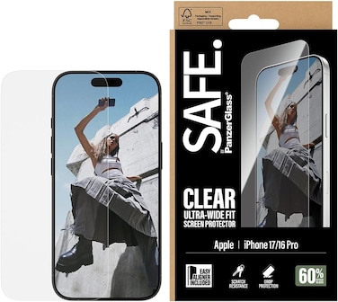 PanzerGlass Safe iPhone 17/16 Pro Screen Protector 6.3", Ultra Wide Fit Tempered Glass, Edge To Edge Drop Protection, Scratch Resistant, Case Friendly, With Easy Install Aligner - Clear