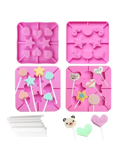 Azonee 4Pcs Heart Lollipop Candy Silicone Molds 8-Cavities Food Grade Heart Chocolate Hard Candy Molds with Shape of Double Heart, Star, Love, Round, Shell, Bear Including 80 Lollipop Sticks, 2 Styles