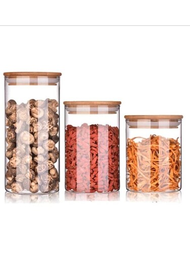 Glass Jar Airtight 3pc Set 450,750,1000 ML Canister with Bamboo Lid Kitchen Containers
