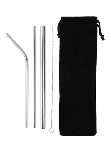 Reusable Straw Set With Cleaning Brush And Bag Silver/Black