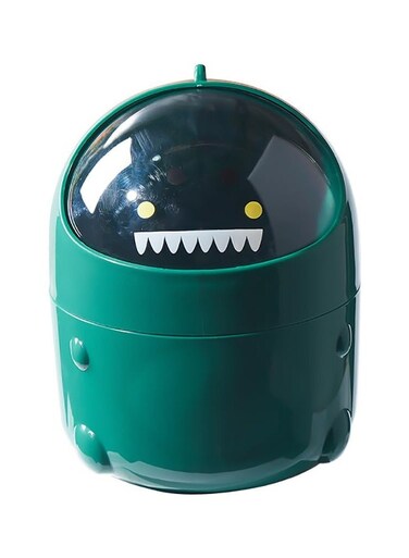Mini Desk Trash Can with Clear Lid, Cartoon Dinosaur Small Desktop Storage Basket Bin for Office Bathroom Vanity Table Kitchen Countertop (Green, 19x15cm)