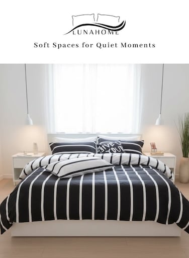Home Queen Size 6 Piece:1 Duvet cover - 200*230cm.; 1 Flat sheet - 230*250cm.; 4 Pillow covers - 50*75cm, Striped Black and White Reversible Bedding Set.
