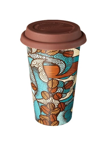 De'Longhi Double-Wall Ceramic Mug 300ml - Handmade Thermal Mug with Silicone Lid, Keeps Drinks Warm Longer, Microwave and Dishwasher Safe, Geometric Pattern, Brown DLSC055