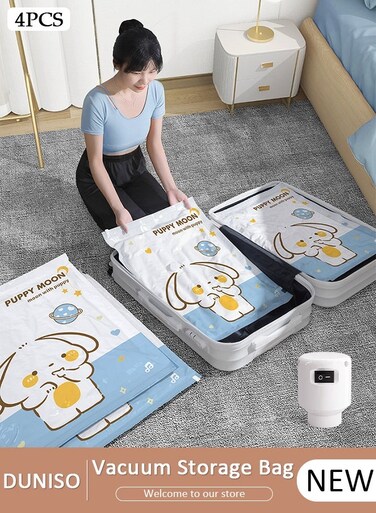 4 PCS Home Vacuum Storage Bag with Electric Pump, Reusable Travel Vacuum Sealer Bags, Compression Airtight Sealer Bags with Seal Special-Grip Clip, Space Saver Compression Bags for Clothes, Mattress, Blanket, Duvets, Pillows, Comforters, Quilt
