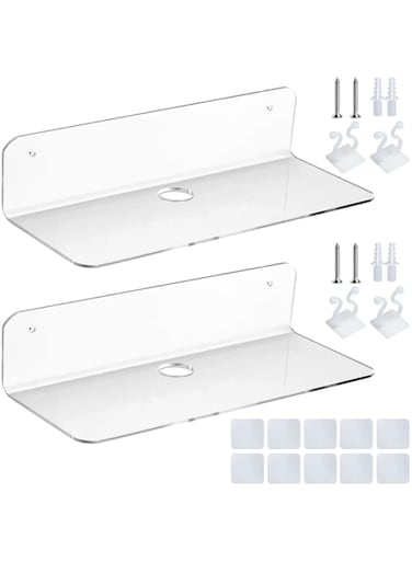 WeeGoo 2 Pcs Acrylic Floating Wall Shelf Self Adhesive 9 Inch No Drill Shelves Small, Stick on Shelves Damage Free Expand Wall Space, Clear Small Wall Shelf with Cable Clips and Stick on