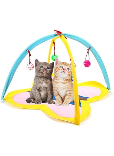 NeoStyle Cat Tent Activity Center with Hanging Balls,Cat Play Mat,Interactive Play Area Station for Cats,Foldable Cat Toy for Indoor Cats,Cat Bed Pad Blanket House(Yellow)