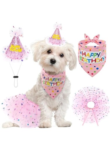 Dog Birthday Bandana with Hat and Dress Girl Set, Puppy Birthday Party Supplies, Cute Pink Tutu Skirt Outfit for Small, Medium, Large Dogs