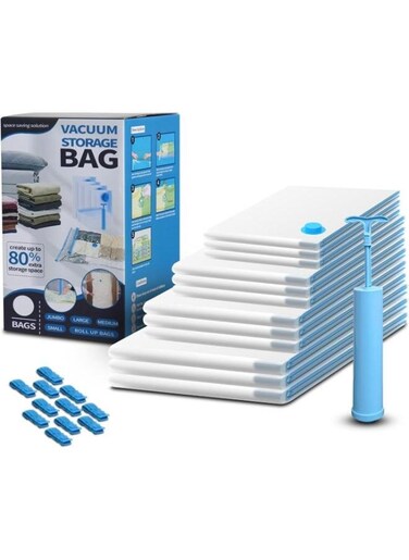 Vacuum Storage Bags Pack of 12 (3 XL, 3 L, 3 M, 3 S) for Clothes, Compression Storage Bags with Hand Pump, Reusable Airtight Bags for Travel and Packing