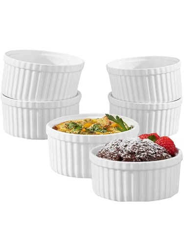 (Set of 6) 4.5 oz. Porcelain Ramekins, White, Bakeware, Souffle Dishes, Creme Brulee, Pudding, Custard Cups, Desserts, by K Basix