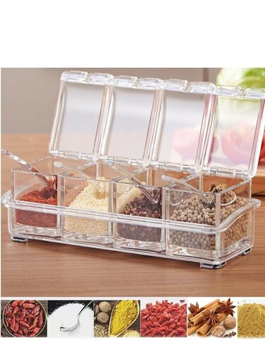 Kitchen Seasoning Box, Seasoning Rack Spice Pots, Storage Container Condiment Jars, 4 Piece Clear Acrylic Cruet with Cover and Spoon Transparent