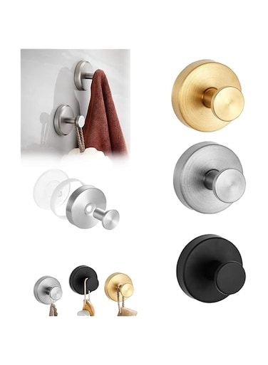 3 Pcs No-Drill Hooks, New Stainless Steel Waterproof Suction Cup Hooks, Suction Cup Hooks for Shower, Bathroom, Hanging Towels, Mounting on Glass Shower Doors, Mirrors(Golden+Black+Silver）