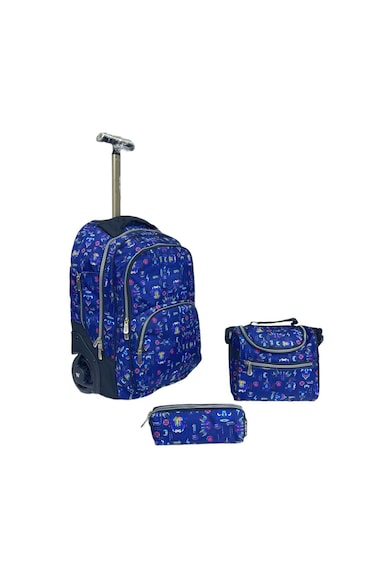 3-Piece Rolling School Set, 18-Inch Wheeled Backpack with Matching Lunch Bag and Pencil Case.(Blue Print)