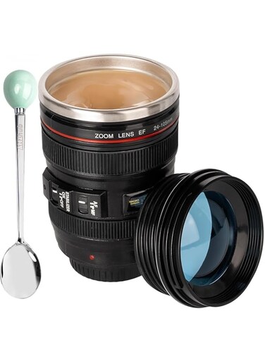 Excefore Camera Lens Coffee Mug,Travel Coffee Cup,Stainless Steel Lens Mug Thermos Camera Lens Mug with Lid and Spoon,Cool Gifts for Photographers Men and Women