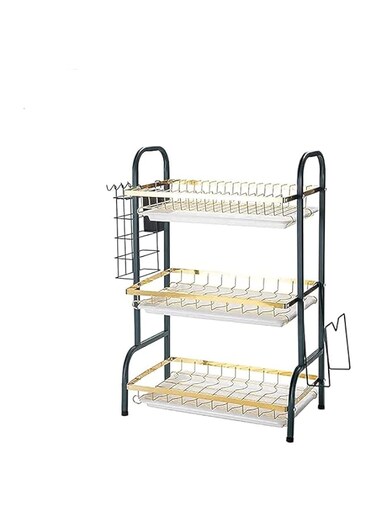 Organized Home 3 Tier Dish Drying Rack, Dish Drainer with Drainboard and Utensil Holder Large Capacity for Kitchen Countertop (Black Gold)