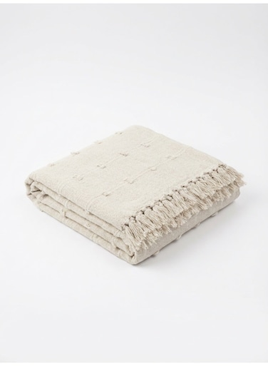 130 x 160 cm Premium Cotton Throw Blanket in White for Home, Luxurious 400GSM Boho Tassel Fringe Bedspread and Decorative Travel Cover