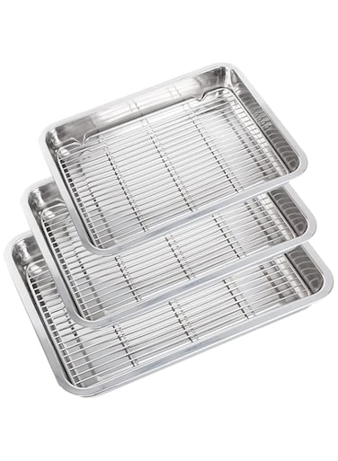 TOMVAES 3PCsAluminum Baking Sheet with Stainless Steel Cooling Rack Set &ndash; Durable Rimmed Sides, Easy Clean, Commercial Quality for Cooking and Roasting