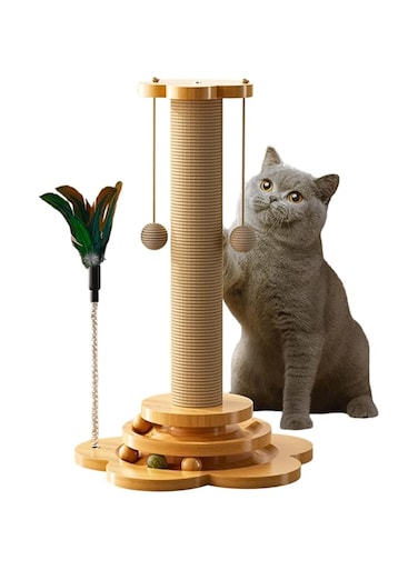 Exrp Cat Scratching Post for Indoor Cats Feather Toy, Interactive Cat Toy 2 Layer Cat Ball Track Turntable with 4 Wooden Balls &amp; 2 Catnip Balls, Kitten Sisal Scratcher Toy Kitty Scratching Posts