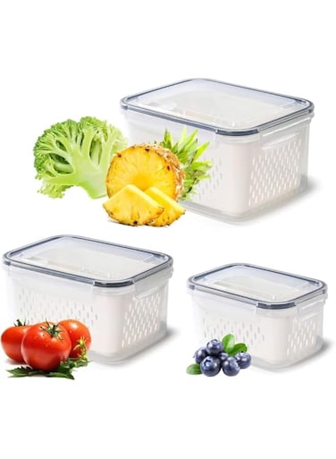 3 Pack Fruit Fresh Produce Protector, Grape Container for Fridge, Fruit Saver Lettuce Container, with Drain Colanders, Partitioned Salad Container, Refrigerator Organizer, for Lettuce Berry Food