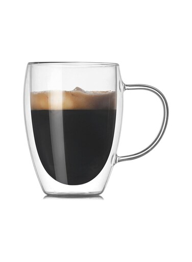 Pow 2Pc Double Wall Coffee Mug Glass Cups Set with Handle for Cold and Hot Transparent