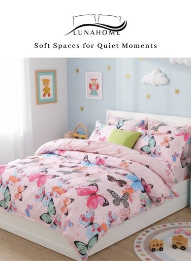 Home Single Size 4-Piece 1 duvet cover (160 x 210 cm), 1 fitted sheet (100 x 200 + 30 cm), and 2 pillow cases (50 x 75 cm) - Pink Butterfly