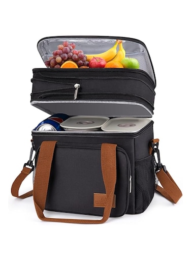 NALACAL 17L Insulated Lunch Box, Expandable Double Deck Lunch Bag Lightweight Leakproof Lunch Tote Large Capacity Lunch Cooler Bag Leakproof Tote Travel-friendly Lunch Box for Work Travel Black
